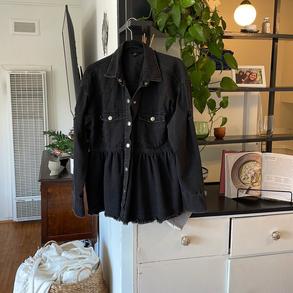 Fate distressed black denim jacket in size medium